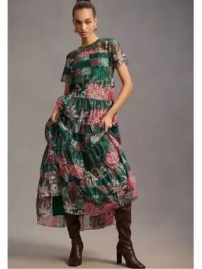 Anthropologie Bhanuni by Jyoti short sleeve Maxi Dress Green Red floral